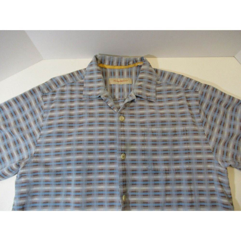 Tommy‎ Bahama Button Down Shirt Large Blue Squared Geometric Design A1